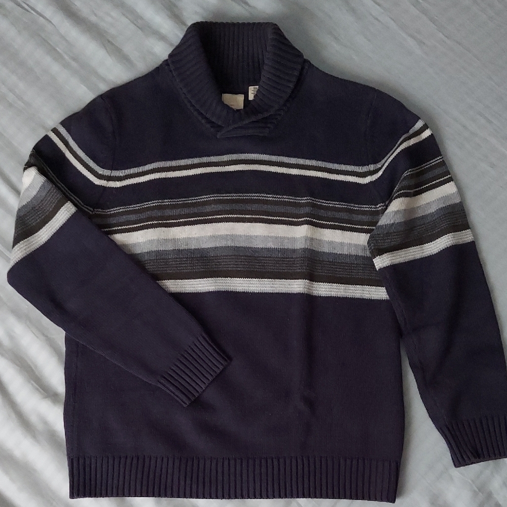 Levi's Blue and White Turtleneck Sweater with Ribbed Texture